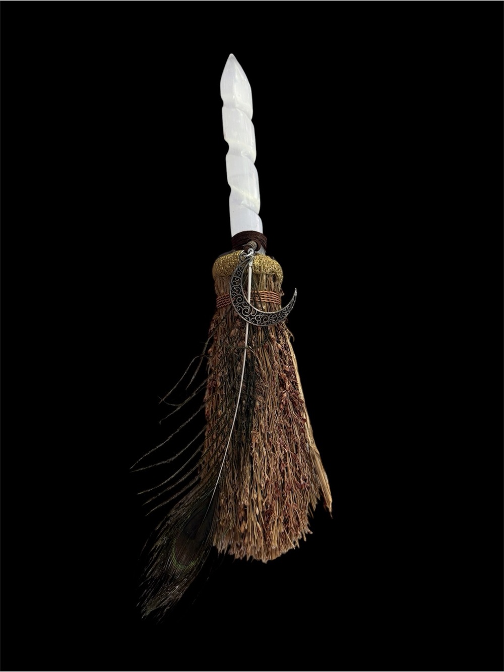 Selenite Tassel Wand with Moon Charm - White and Brown